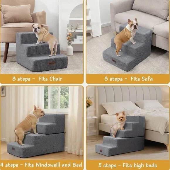 5-Step Dog Stairs for High Beds, Non-Slip Pet Steps, Grey, 22.6 H
